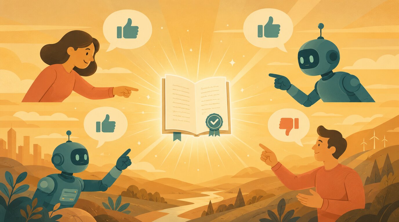 Leuchtendes Buch mit Prüfsiegel, umringt von zwei Menschen und zwei Robotern, die per Sprechblase zustimmen oder widersprechen.