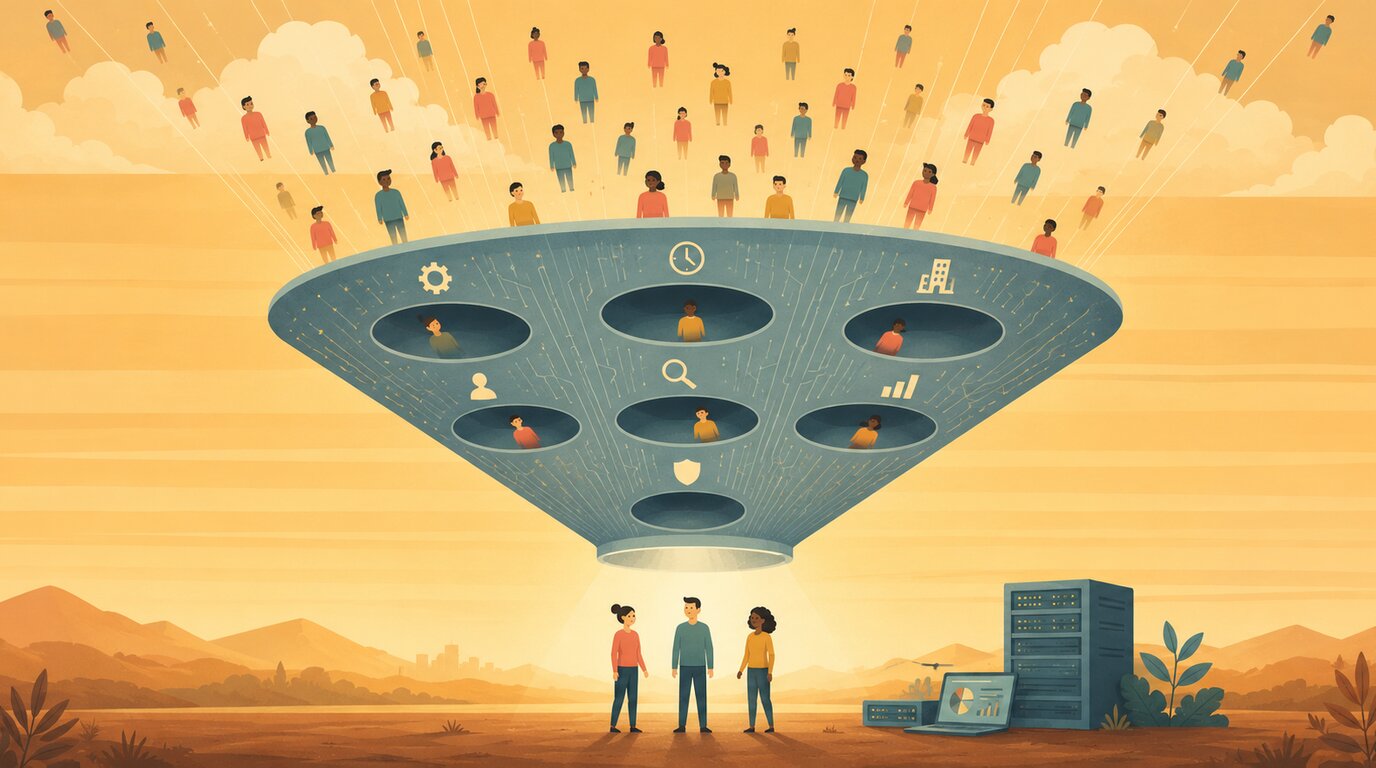 Flat-Vector-Illustration: Viele Figuren strömen aus einem warmen Himmel in einen großen Trichter mit sieben markierten Öffnungen; unten steht ein kleines Team neben Server und Laptop.